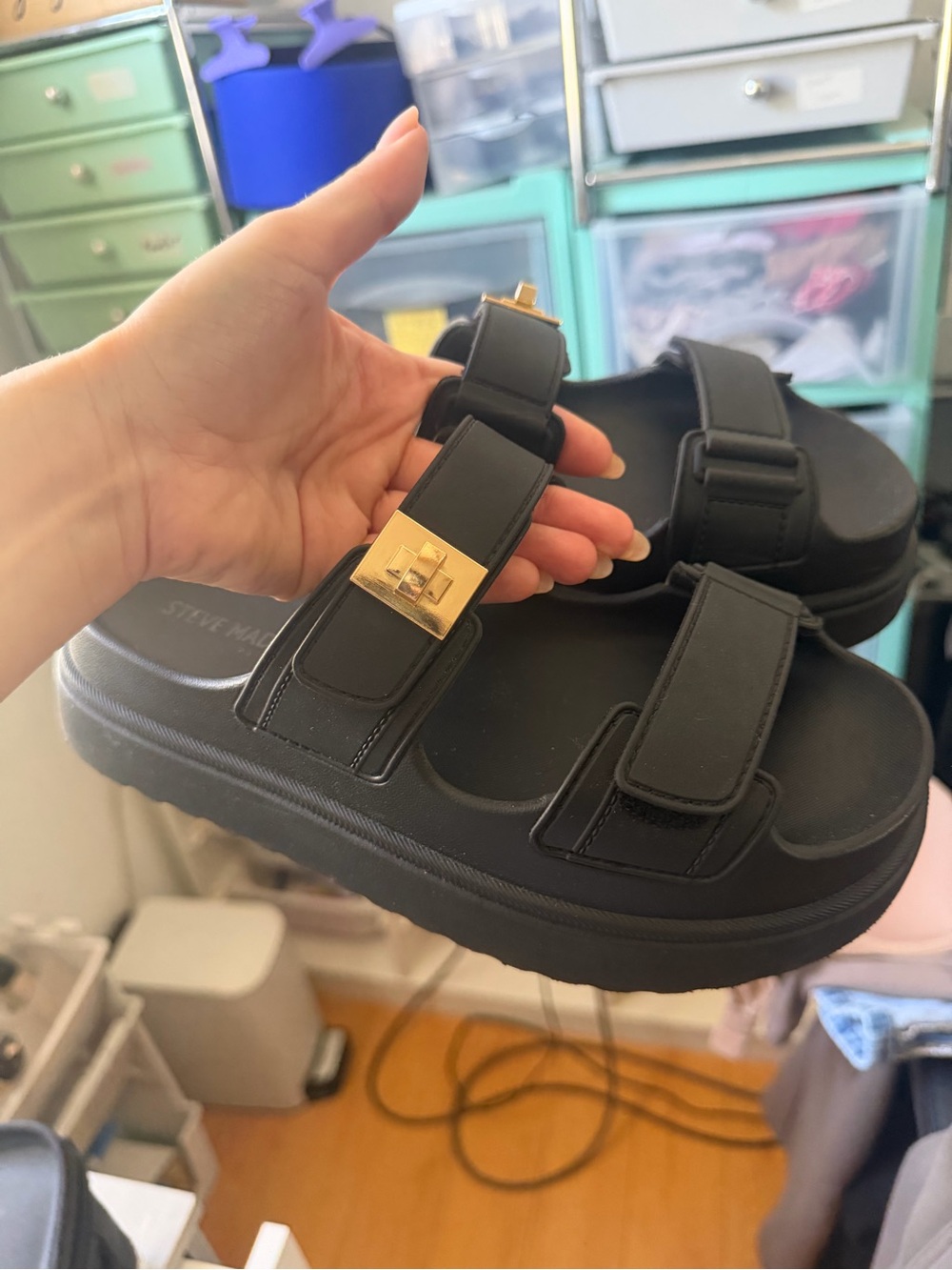 Black Gold Buckle Platform Slide Sandals - Picture 7 of 8